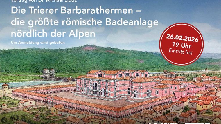 A colored reconstruction drawing of a large Roman bath complex