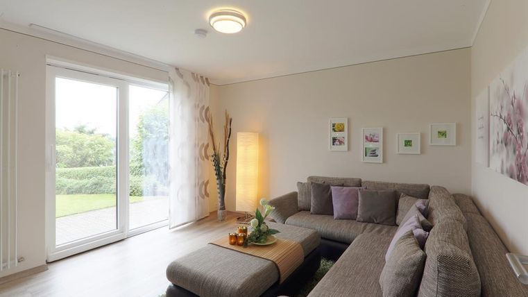 Een moderne woonkamer met een grijze bank en een gezellige tapijt. Grote ramen laten veel daglicht binnen en bieden uitzicht op het groen.