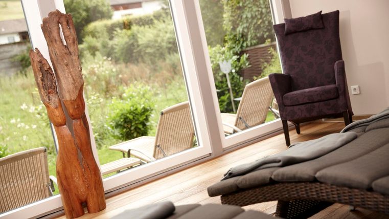 A cozy room with a wooden sculpture and a comfortable armchair. Large windows offer a view of a green meadow and loungers outside.