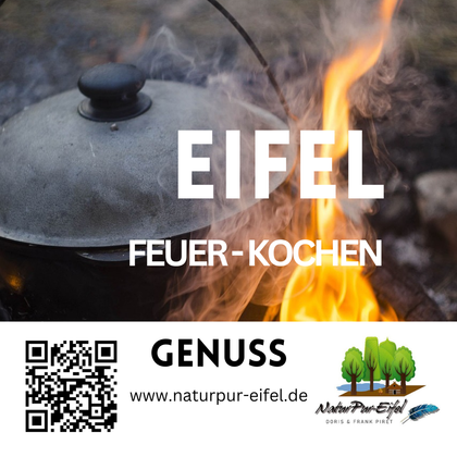 Een pot boven een open vuur in de Eifel. De afbeelding straalt een gezellige sfeer van koken in de natuur uit.