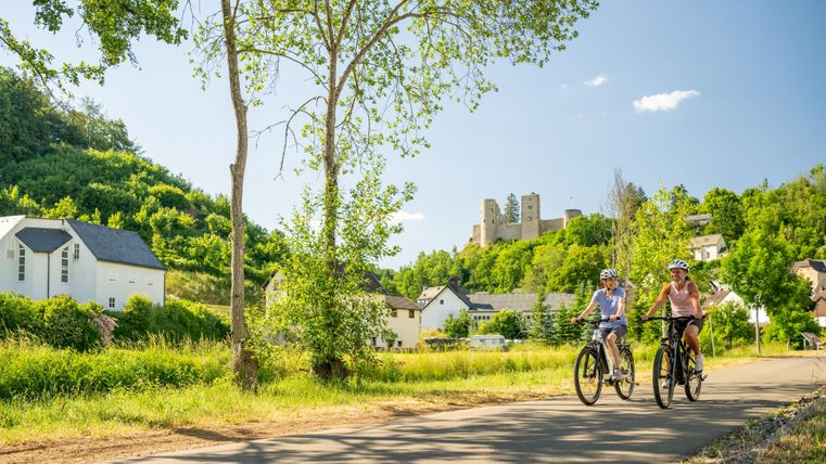 Cyclist on a path along green meadows, surrounded by trees and a historic castle in the background. The scenery radiates inviting nature and recreational activities.