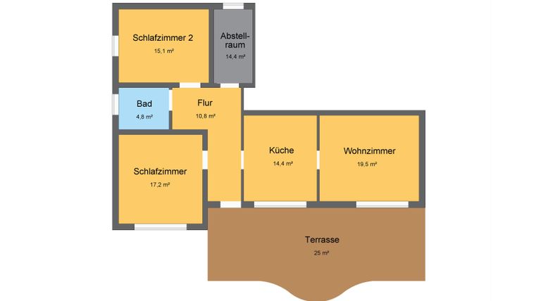 Eine Übersicht eines Grundrisses mit verschiedenen Räumen. Die Räume umfassen Schlafzimmer, ein Badezimmer, eine Küche und ein Wohnzimmer, sowie eine Terrasse.
