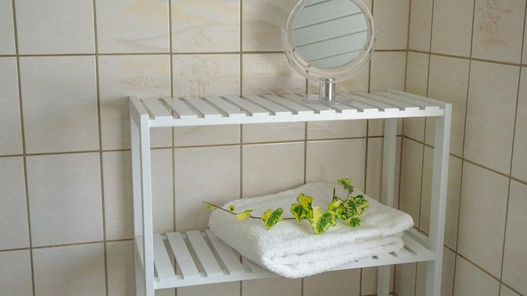 Ein helles Badezimmer mit einem weißen Regal. Auf dem Regal liegen frische Handtücher und eine kleine Pflanze.