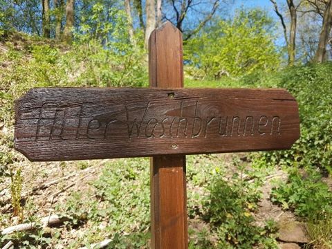 Ein Holzschild mit der Inschrift "Washbrunnen" steht zwischen grünen Bäumen. Die Umgebung ist natürlich und ruhig.
