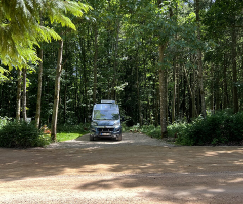 A dark caravan drives onto the pitch. The pitch is located in the middle of the forest.