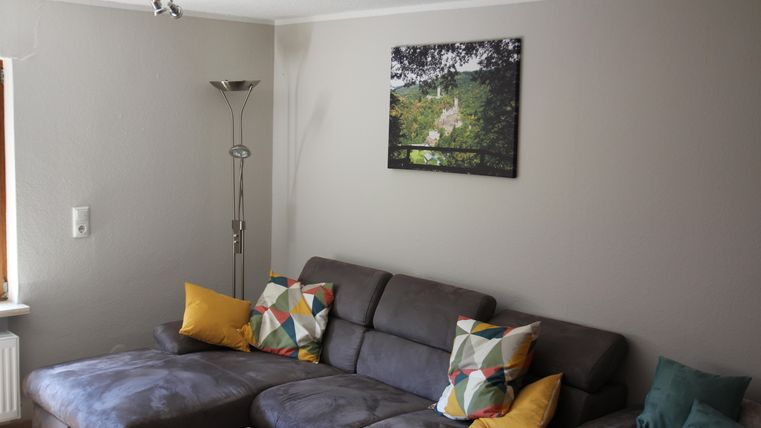 Een gezellige woonkamer met een grote grijze bank en kleurrijke kussens. Aan de muur hangt een schilderij van een groene landschap.