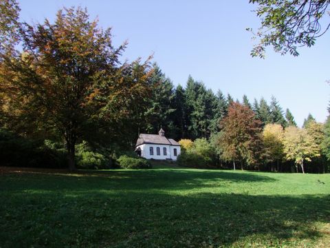 Een klein wit huis staat midden in een groene weide. Omheen staan bomen met kleurrijke herfstbladeren.