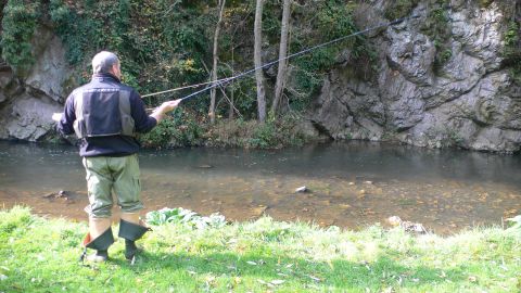 A man is fishing at a calm river. The surroundings are green with trees and rocks in the background.