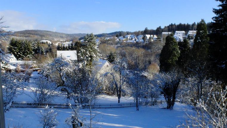 Een winterlandschap met besneeuwde bomen en heuvels. Op de achtergrond zijn huizen en een helder blauwe lucht zichtbaar.