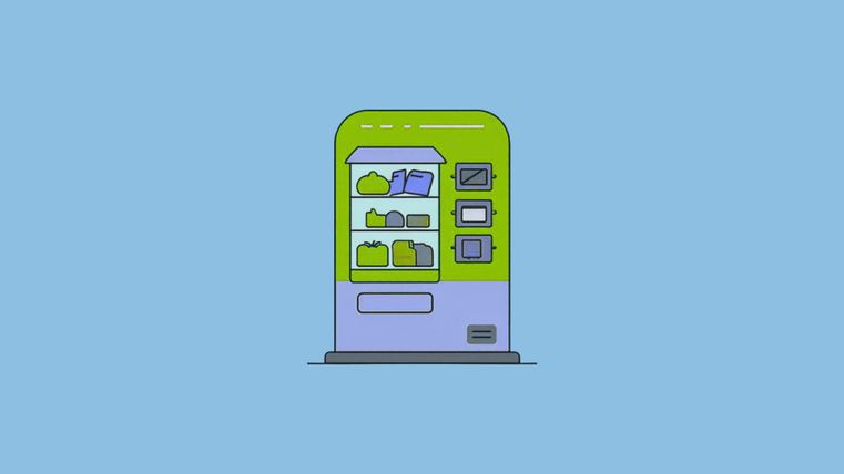 Ein Verkaufsautomat mit verschiedenen Snacks und Getränken. Der Automat hat eine grüne und lilafarbene Farbgestaltung.