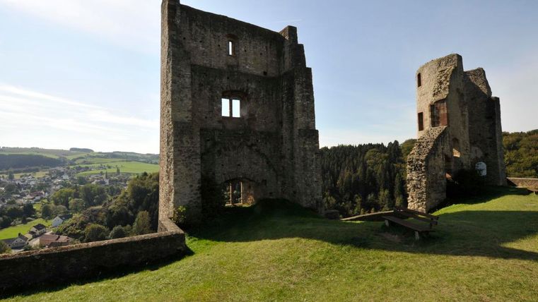 Eine alte Burgruine steht auf einer Wiese mit Blick auf das Tal. Im Hintergrund sind grüne Hügel und ein klarer Himmel zu sehen.