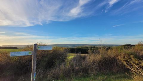 Een prachtig uitzicht op een groen landschap onder een heldere blauwe lucht. Een wegwijzer geeft verschillende wandelpaden aan.