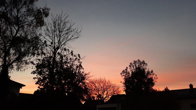 A beautiful sunset with colorful skies. Silhouettes of trees and buildings are visible in the foreground.