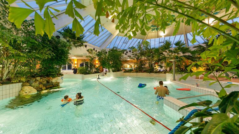 A tropical swimming pool with palm trees and clear water. Some people are enjoying the water in a cozy environment.