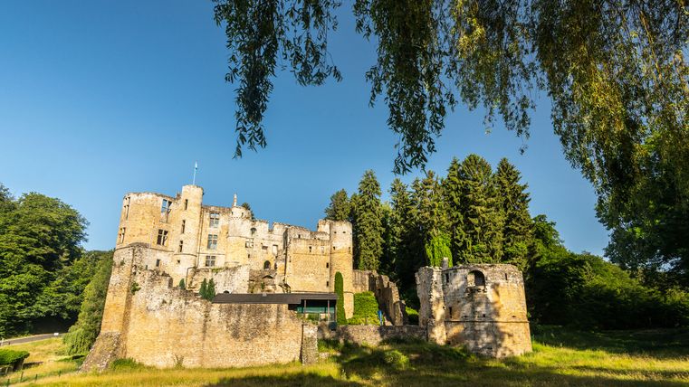 Beaufort ruins in Luxembourg, surrounded by trees and blue sky.