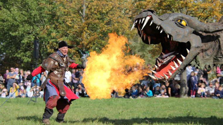 Ein Ritter steht auf einem Feld und kämpft gegen einen feuerspeienden Drachen. Im Hintergrund ist ein Publikum zu sehen, das die Show verfolgt.