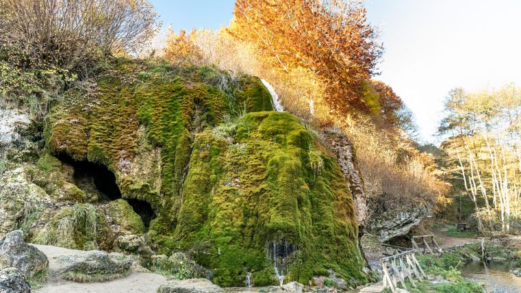 Ein moosbewachsener Wasserfall fließt über Felsen, umgeben von herbstlichen Bäumen. Ein kleiner Holzsteg führt über einen Bach.