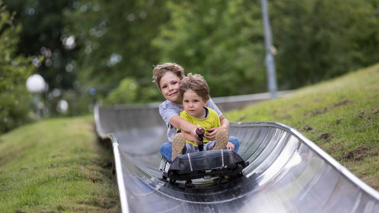 Twee kinderen glijden samen van een glijbaan. Ze lachen en hebben plezier in de buitenlucht.