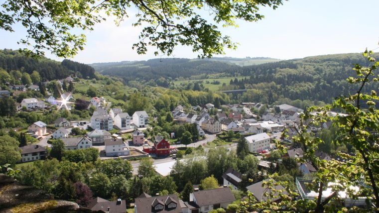A beautiful view of a village surrounded by green hills. The houses are scattered among trees and meadows.