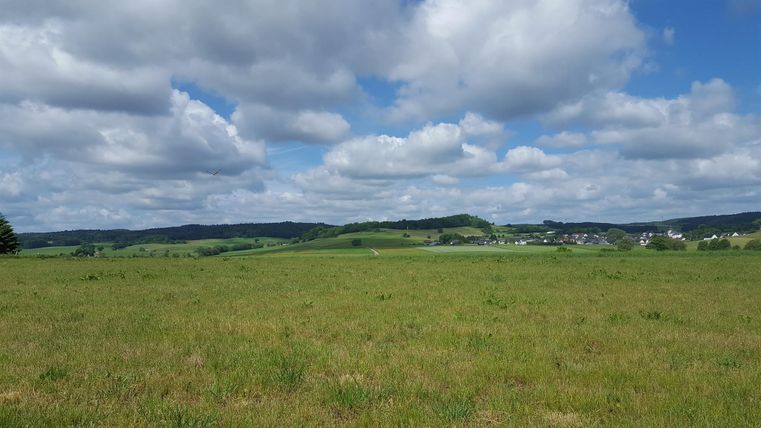 Weiter Blick auf die Landschaft rund um Auel. grüne Wiese und blauer Himmel ist zu sehen.