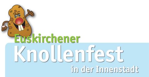 Een vrolijk logo voor het Euskirchener Knollenfest in het stadscentrum. Het toont een cartoonachtige aardappel en nodigt uit om deel te nemen.