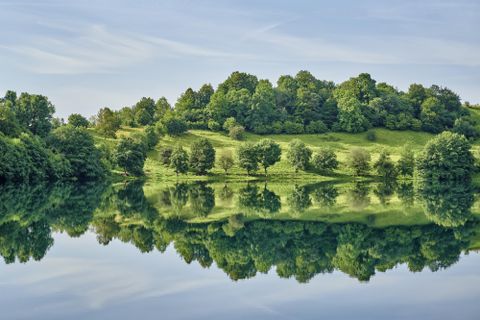 Ein ruhiger See mit spiegelndem Wasser und üppigem Grün drumherum. Die Bäume und Hügel reflektieren sich wunderschön im Wasser.