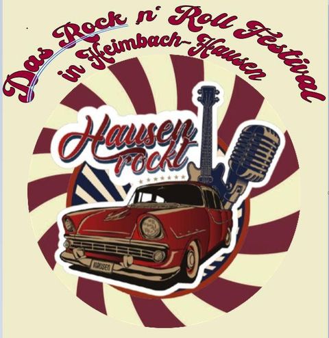 Een kleurrijke illustratie voor het Rock n' Roll Festival in Heimbach-Hausen. Een rode auto en een microfoon zijn prominent afgebeeld.