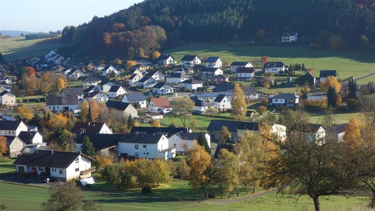 Eine ruhige ländliche Umgebung mit vielen Häusern und bunten Bäumen im Herbst. Im Hintergrund ist ein Hügel mit grüner Wiese zu sehen.