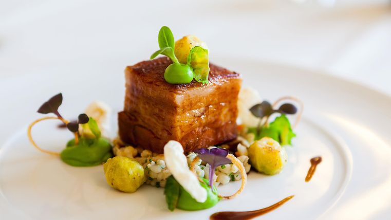 Ein kunstvoll angerichtetes Gericht mit knusprigem Fleisch, garniert mit frischen Kräutern und Gemüse. Die Präsentation zeigt ein modernes Ambiente der feinen Küche.