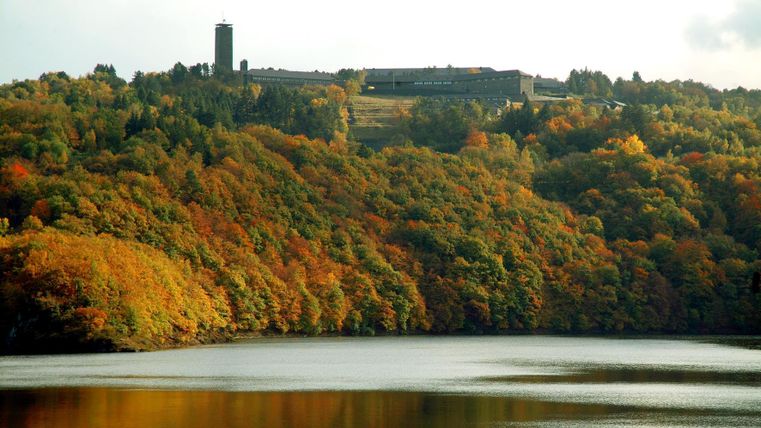 A picturesque landscape with a colorful autumn forest and a tranquil lake. In the background, a building can be seen on a hill.