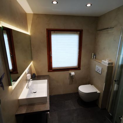 Een moderne badkamer met een wastafel, een toilet en een douche. Het raam laat daglicht binnen en zorgt voor een lichte sfeer.