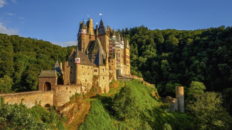 Eine beeindruckende Burg, die auf einem Hügel inmitten von grünen Wäldern thront. Der Himmel ist klar und sonnig.