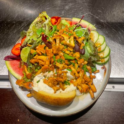 Ein Teller mit einem belegten Ofenkartoffel und einer bunten Salatbeilage. Die Kartoffel ist mit leckeren Pilzen und Kräutern garniert.