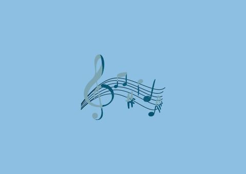 Een muziekthema met noten en een violinsleutel op een blauwe achtergrond. De kleuren zijn in verschillende tinten blauw gehouden.
