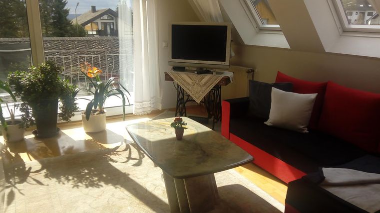 Een lichte woonkamer met een rode bank en een salontafel. Grote ramen laten veel licht binnen en er staan enkele planten in de kamer.