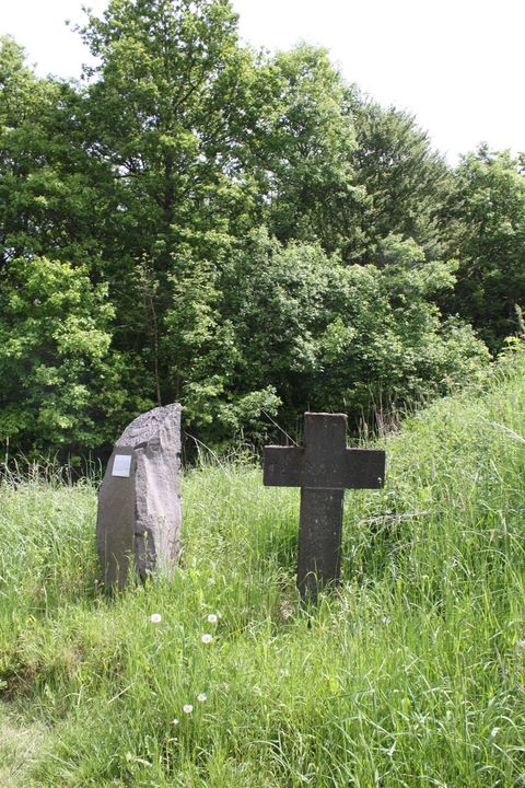 Een rustige plek met twee grafstenen, omringd door hoog gras en bomen. De sfeer is vredig en natuurlijk.