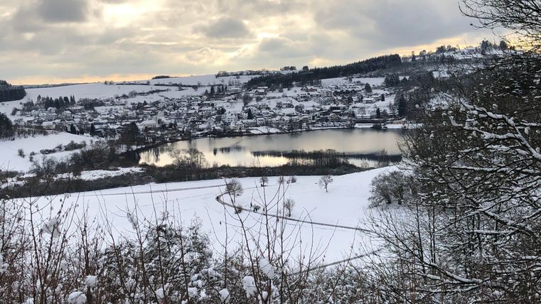 A snowy landscape with a calm lake and a small village in the background. The sky is cloudy and the surroundings appear peaceful and wintry.