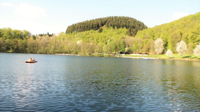 A tranquil lake surrounded by green forests. In the foreground, a small group is traveling in a boat.