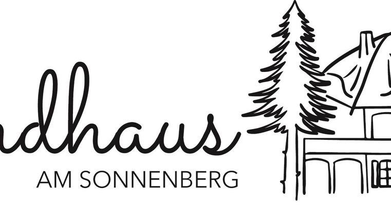 Ein einfaches Logo des Landhauses am Sonnenberg. Es zeigt eine skizzenhafte Darstellung eines Gebäudes mit Bäumen.
