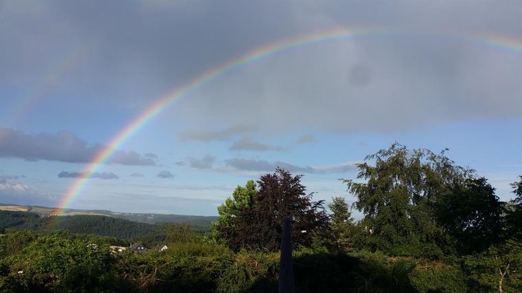 Ein schöner Regenbogen über einer hügeligen Landschaft. Grüne Bäume und ein teilweise bewölkter Himmel sind im Hintergrund sichtbar.