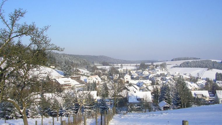A snow-covered landscape with a small village in the valley. The trees and hills are covered with snow and the sky is clear and blue.