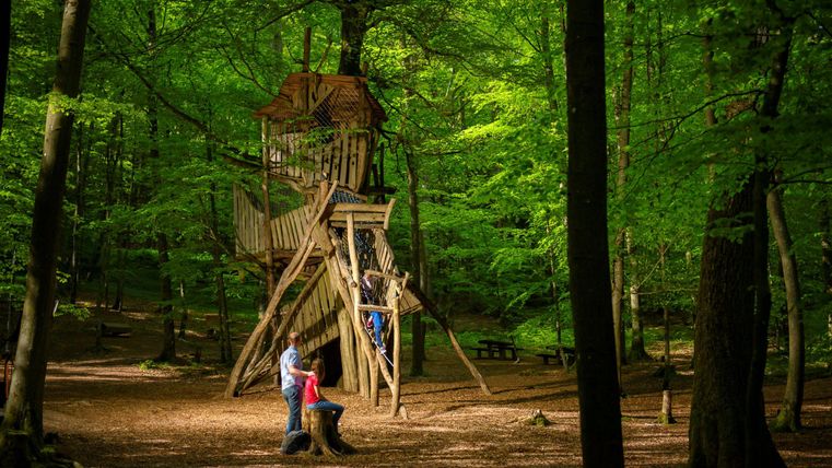 Ein Spielplatz im Wald mit einem großen Baumhaus. Kinder erkunden die Umgebung und spielen im Freien.