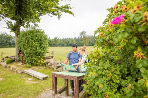 Zwei Personen schauen auf eine Karte an einem Tisch im Freien. Die Landschaft ist grün und von Bäumen sowie Blumen umgeben.