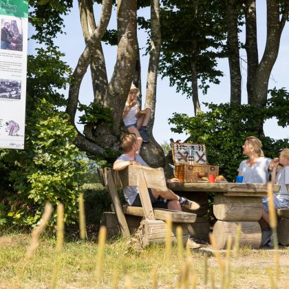 Family having a picnic at a resting place in the shade