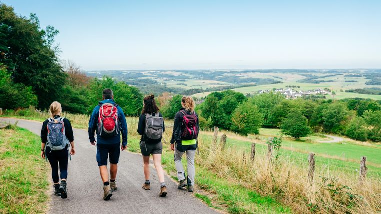 Vier wandelaars lopen langs een pad met uitzicht op groene heuvels en een uitgestrekte vallei. Het landschap is zonnig en uitnodigend.