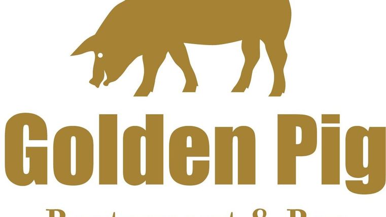 Ein Logo des Restaurants "Golden Pig" mit einer stilisierten Schweinefigur. Der Schriftzug ist groß und deutlich, darunter steht "Restaurant & Bar".