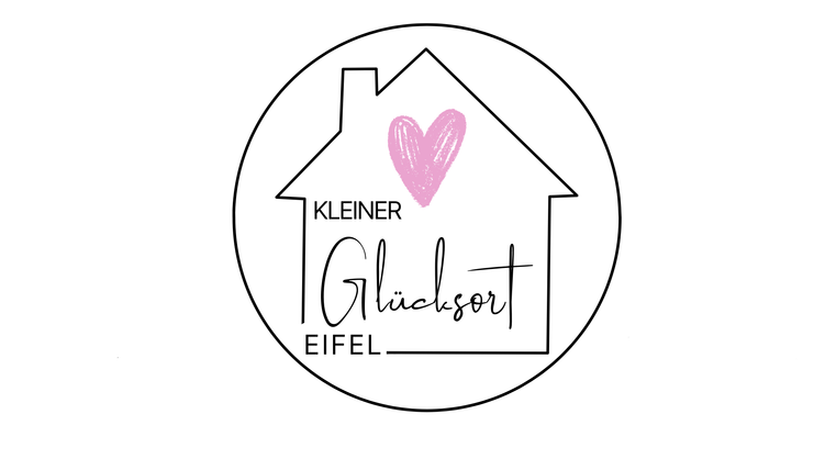 A round logo with a stylized house and a heart. The text includes the words "KLEINER Glücksort Eifel".