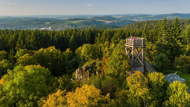The wooden observation tower on the Dietzenley volcano rises above the autumn forest landscape. The horizon stretches far into the hilly terrain.