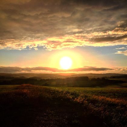 A beautiful sunset over a green landscape. The sun is shining on the horizon and the sky is filled with clouds.