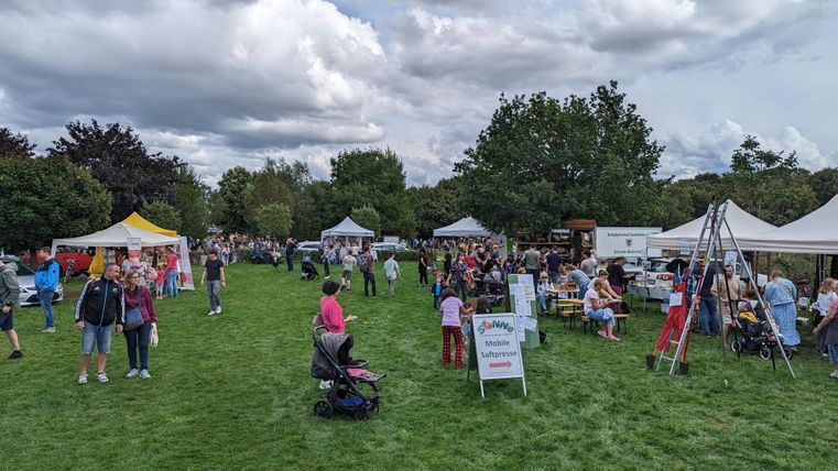 Een drukke openluchtmarkt met meerdere kraampjes en veel bezoekers. Het groene gras en de wolken aan de lucht zorgen voor een ontspannen sfeer.